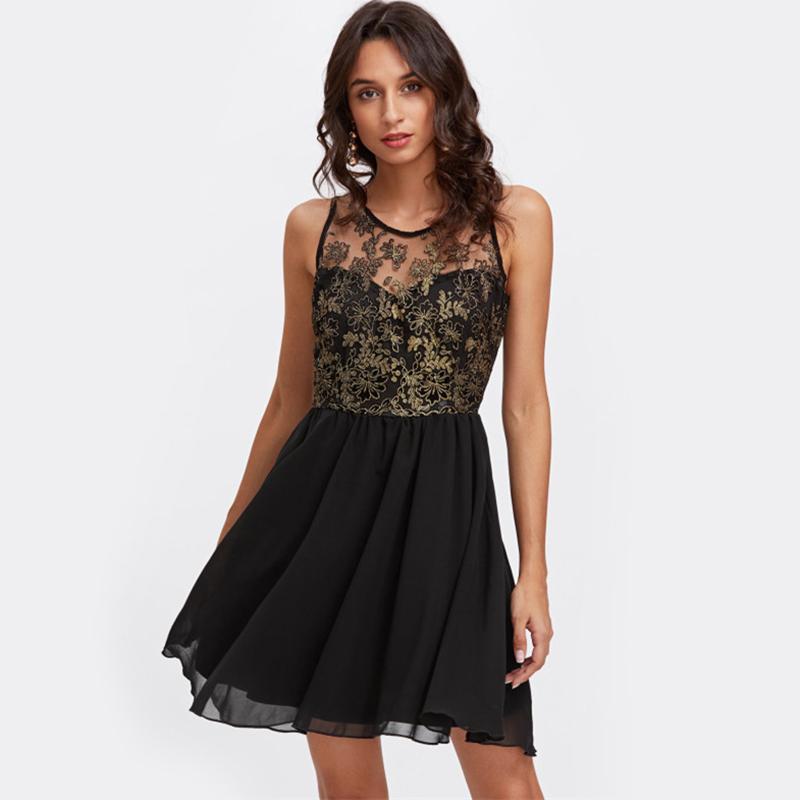Black Sleeveless Floral Mesh Sexy A Line Mini Dress