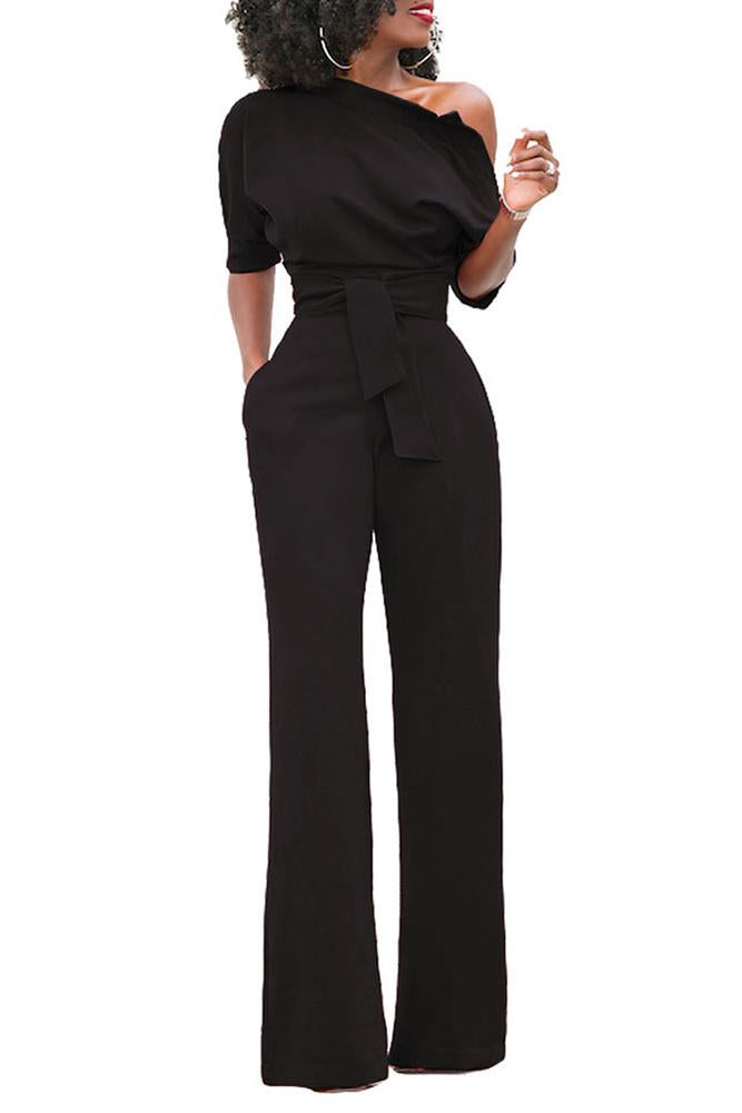 Slanted One Shoulder Wide Leg Jumpsuit