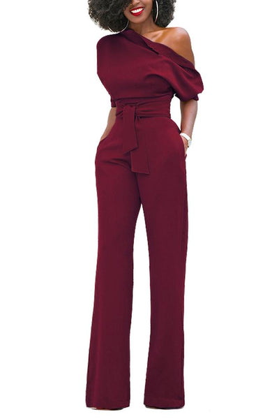 Slanted One Shoulder Wide Leg Jumpsuit
