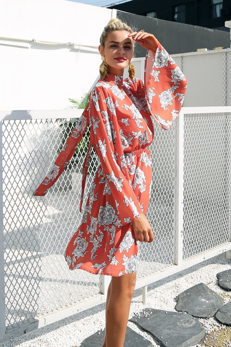 Backless Chiffon Flare Sleeve Dress