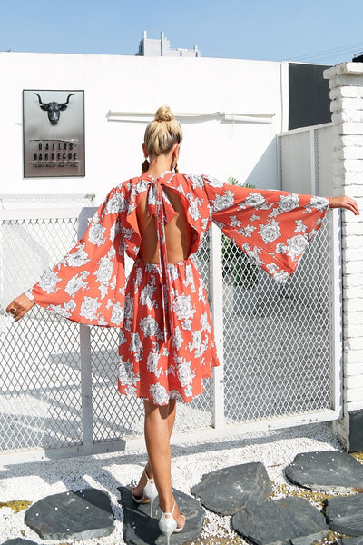 Backless Chiffon Flare Sleeve Dress