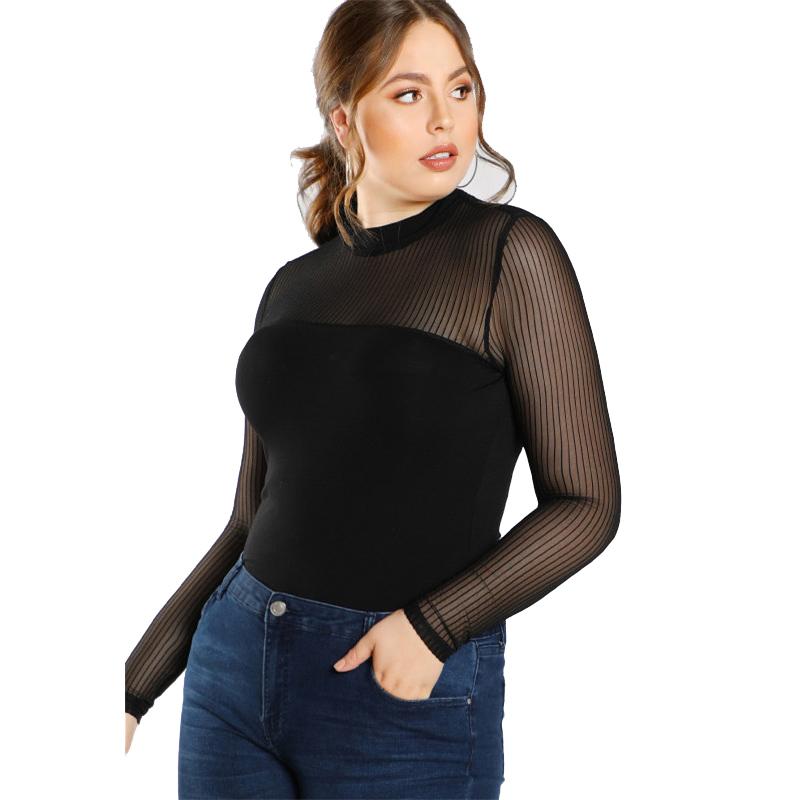 Black Transparent Sexy Mesh Plus Size Top