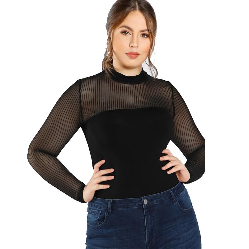 Black Transparent Sexy Mesh Plus Size Top