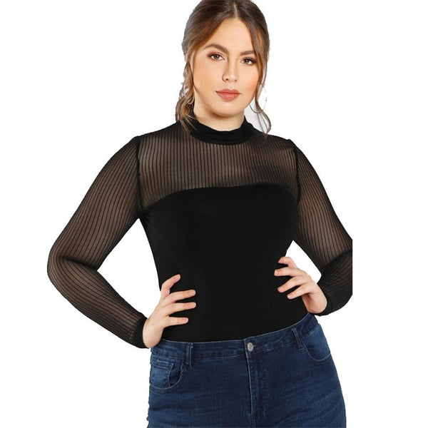 Black Transparent Sexy Mesh Plus Size Top
