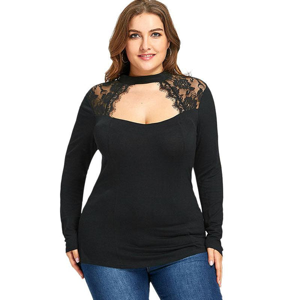Plus Size Lace Crochet Long Sleeve Halter Top