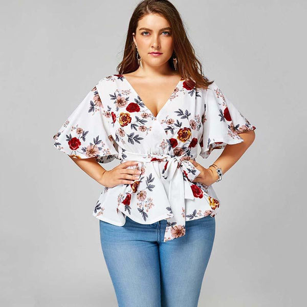 Plus Size Floral Print Belted Peplum Top