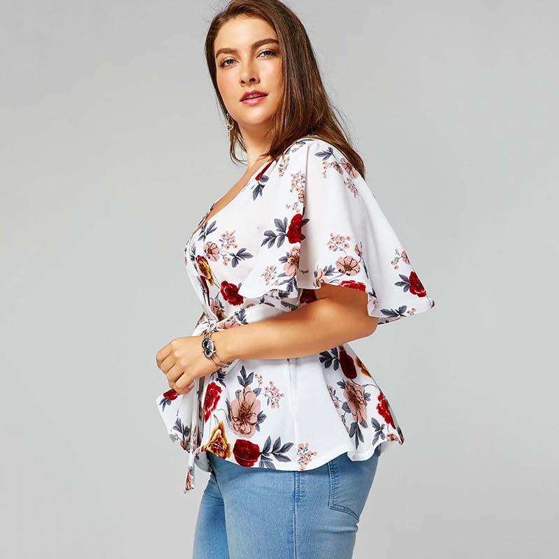 Plus Size Floral Print Belted Peplum Top