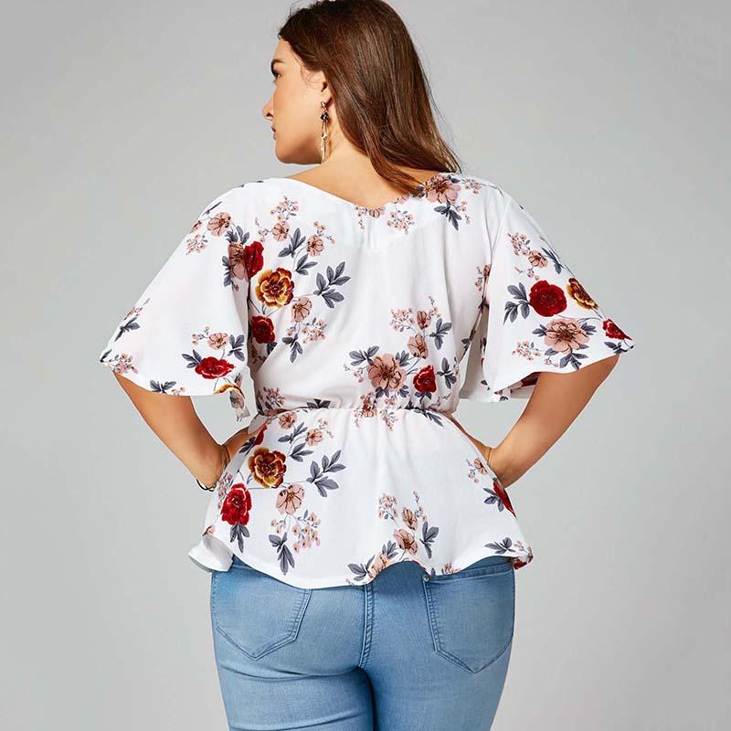 Plus Size Floral Print Belted Peplum Top