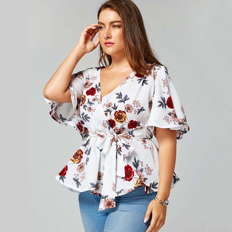 Plus Size Floral Print Belted Peplum Top