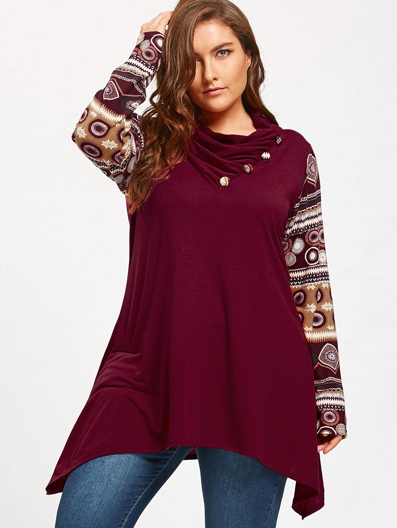 Grey Vintage Plus Size Geometric Long Sleeve Loose Fit Top