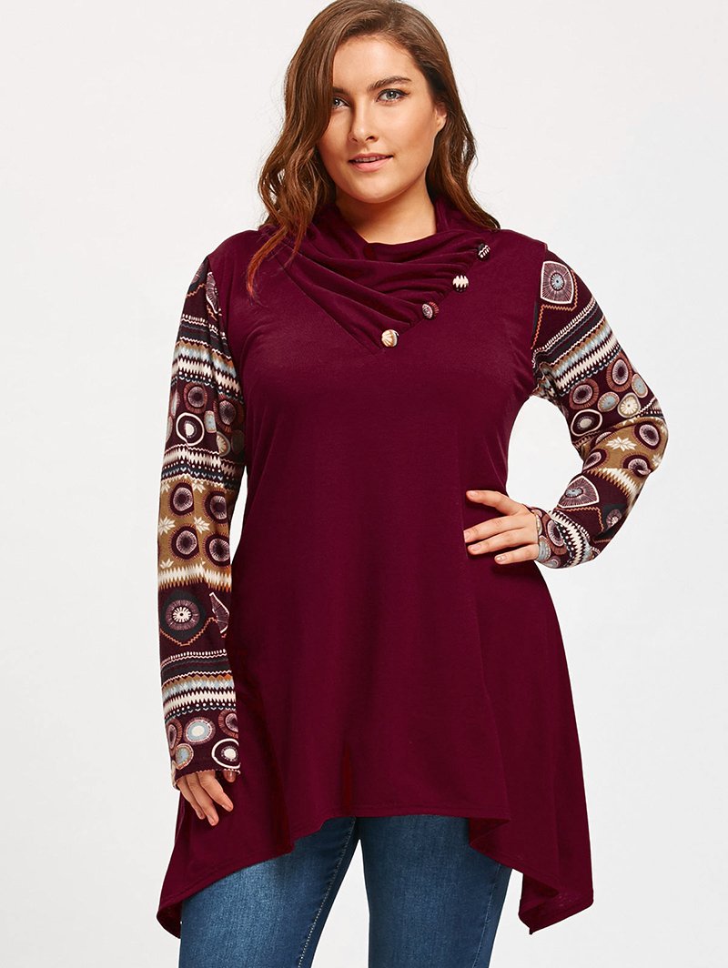 Grey Vintage Plus Size Geometric Long Sleeve Loose Fit Top