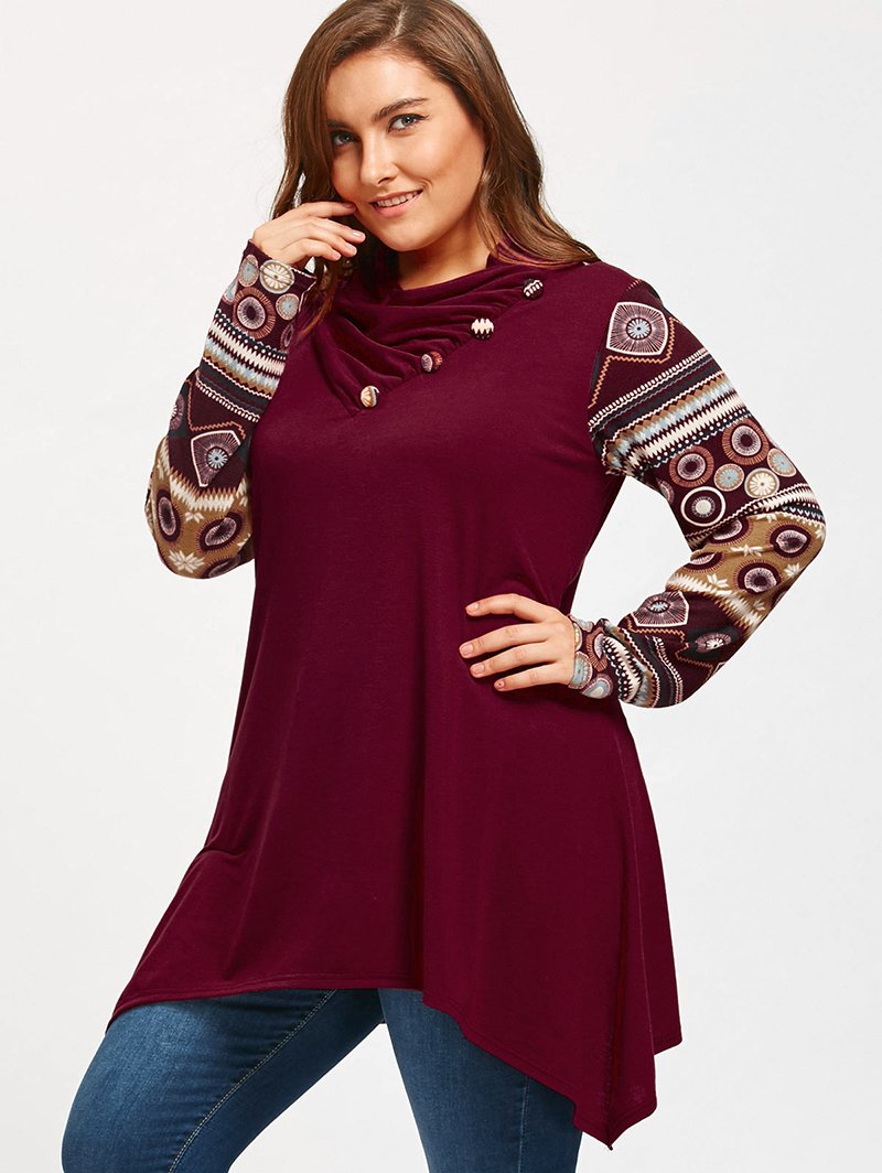 Grey Vintage Plus Size Geometric Long Sleeve Loose Fit Top