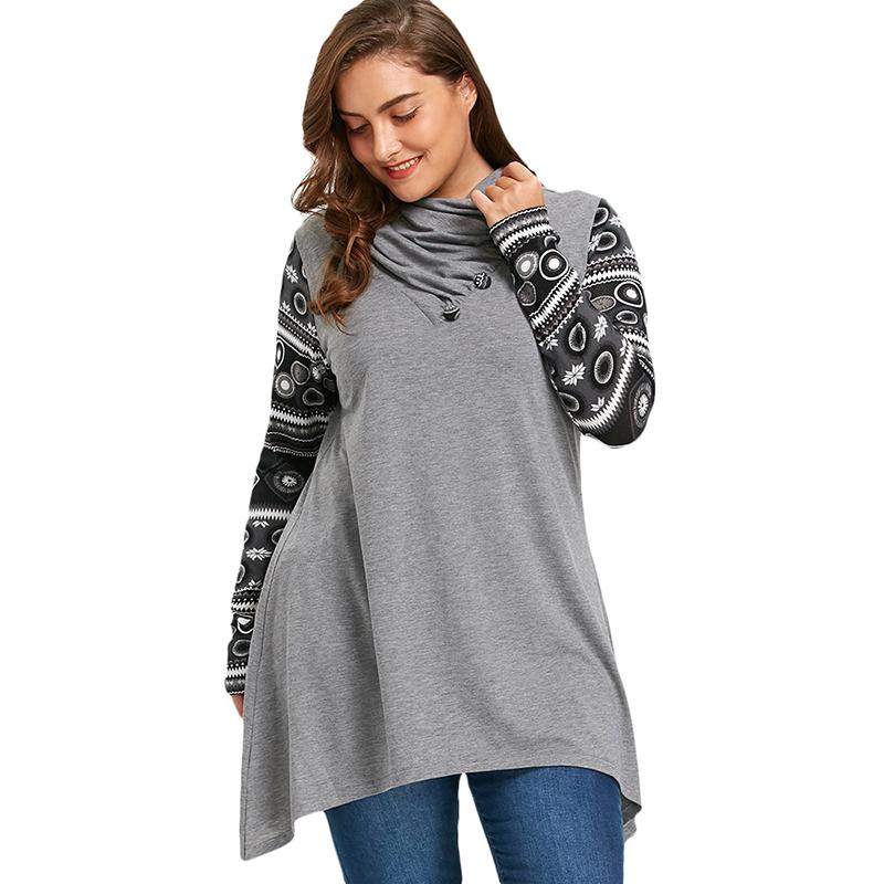 Grey Vintage Plus Size Geometric Long Sleeve Loose Fit Top