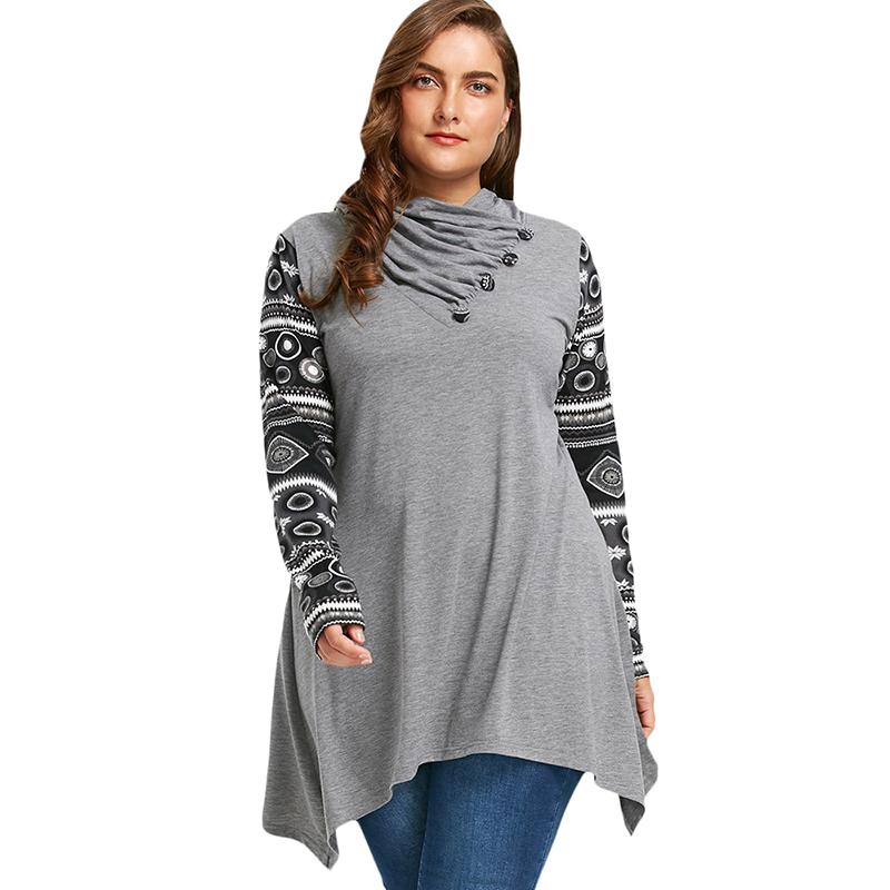 Grey Vintage Plus Size Geometric Long Sleeve Loose Fit Top