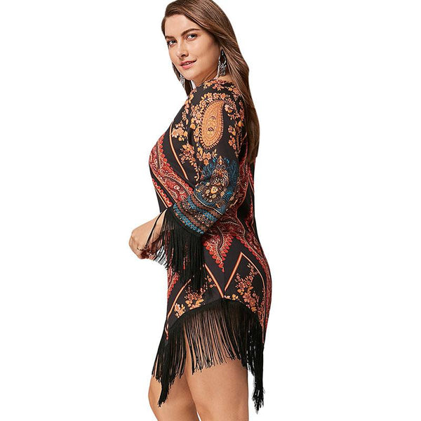 Plus Size Chiffon Tassel Vintage Short Dress