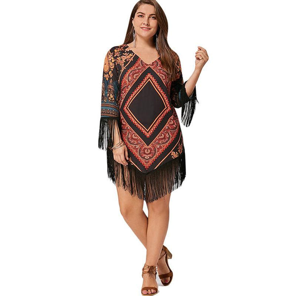 Plus Size Chiffon Tassel Vintage Short Dress