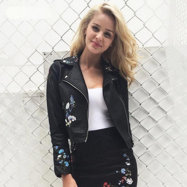 Floral Embroidered Faux Leather Motorcycle Jacket