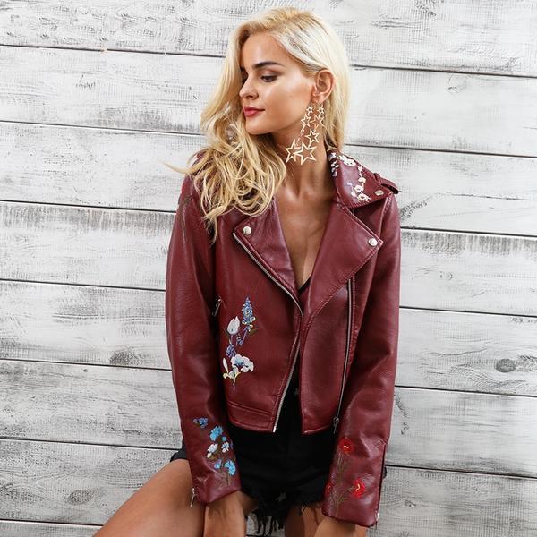 Floral Embroidered Faux Leather Motorcycle Jacket