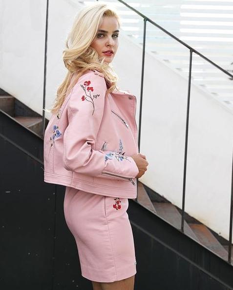 Floral Embroidered Faux Leather Motorcycle Jacket