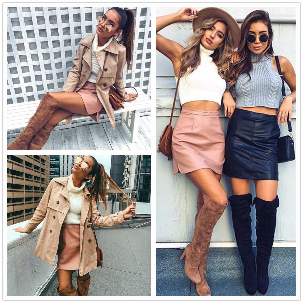 Solid Colored Leather Mini Skirt