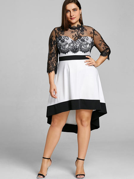 Plus Size Vintage Floral Lace Sheer High Low Dress