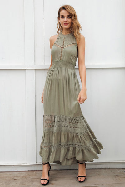 Halter Hollow Out Lace Up Back Maxi Dress