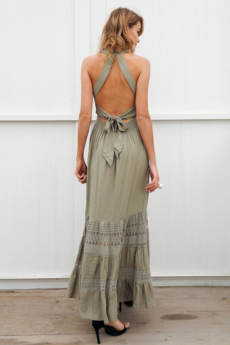 Halter Hollow Out Lace Up Back Maxi Dress