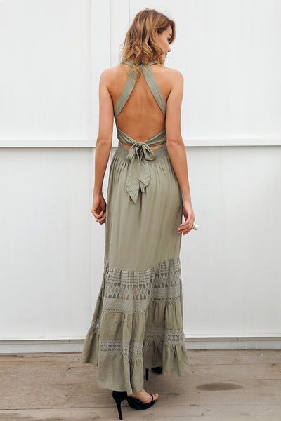 Halter Hollow Out Lace Up Back Maxi Dress