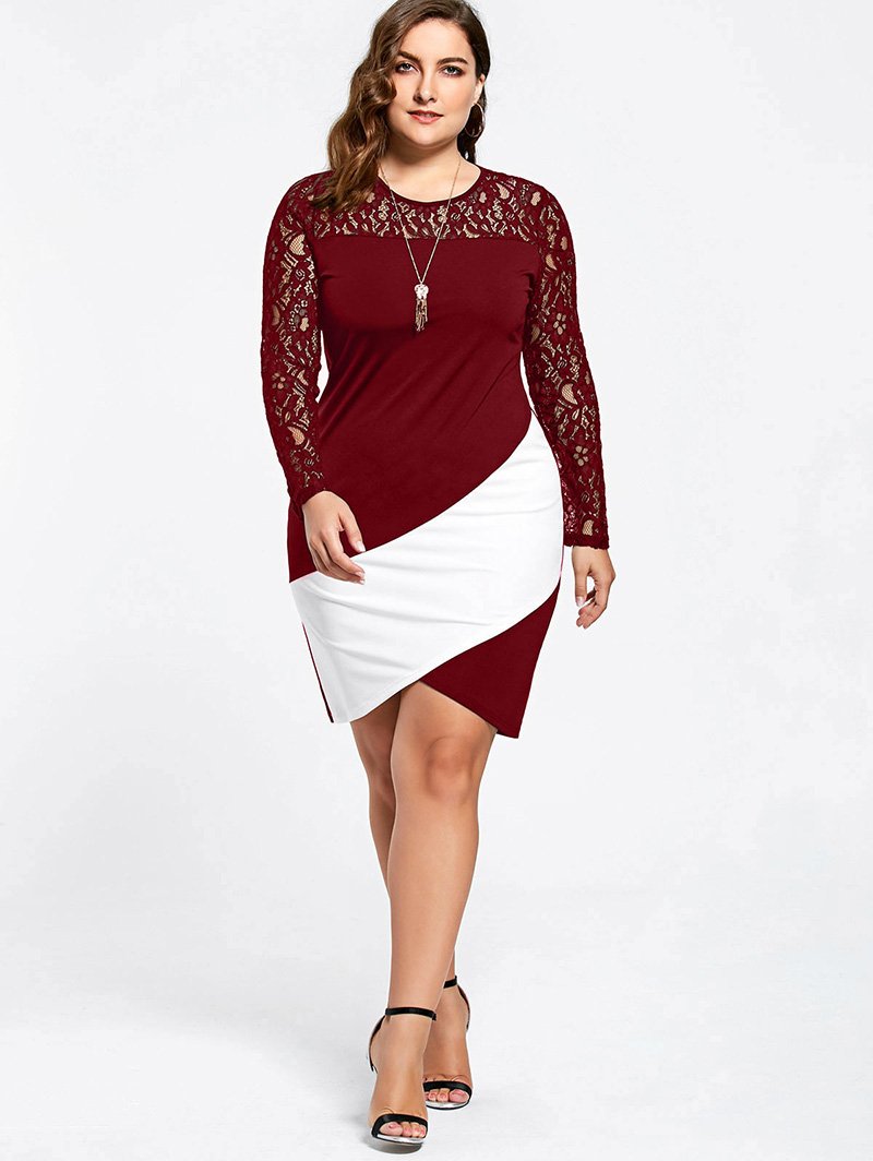 Plus Size Sexy Lace Crochet Panel Asymmetrical Dress