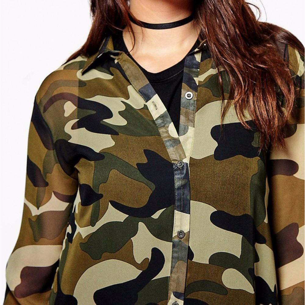 Plus Size Chiffon Camo Boyfriend Longline Top