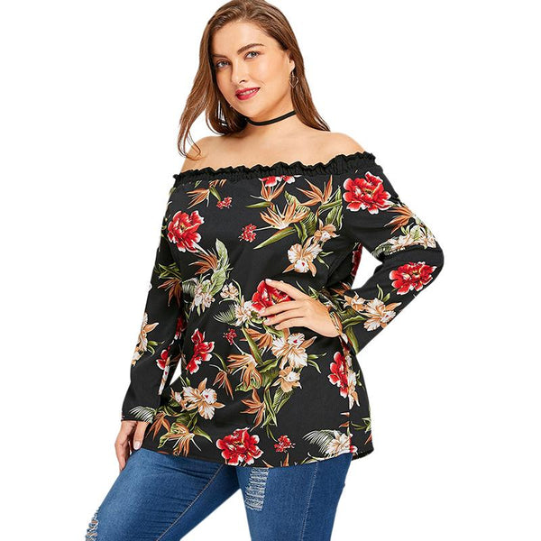 Plus Size Off The Shoulder Long Sleeve Floral Print Top