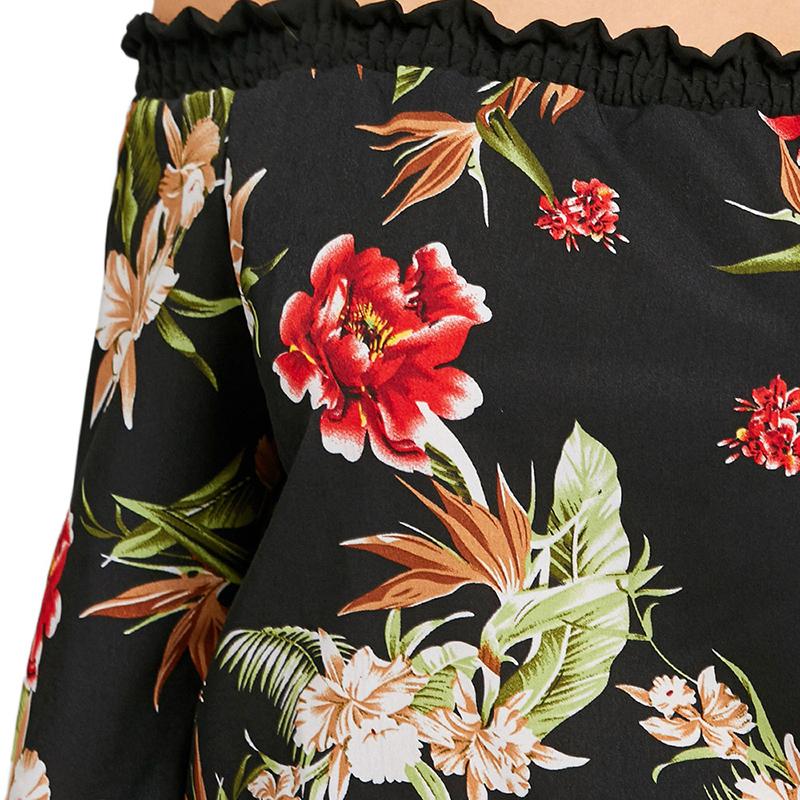 Plus Size Off The Shoulder Long Sleeve Floral Print Top