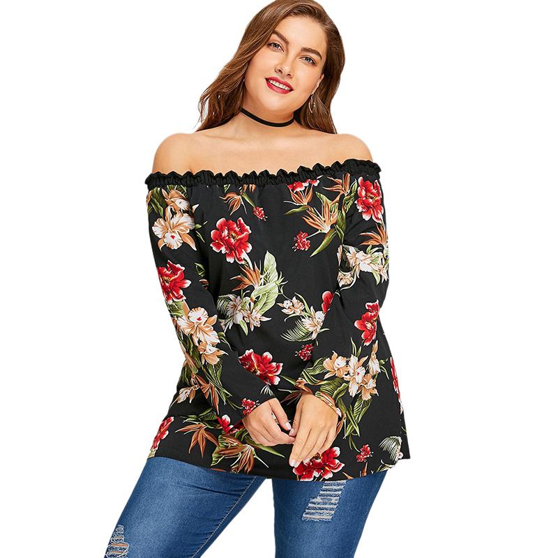 Plus Size Off The Shoulder Long Sleeve Floral Print Top