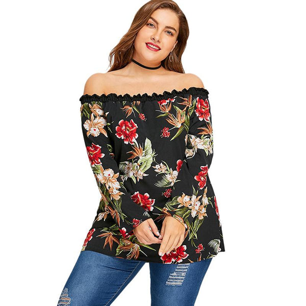 Plus Size Off The Shoulder Long Sleeve Floral Print Top