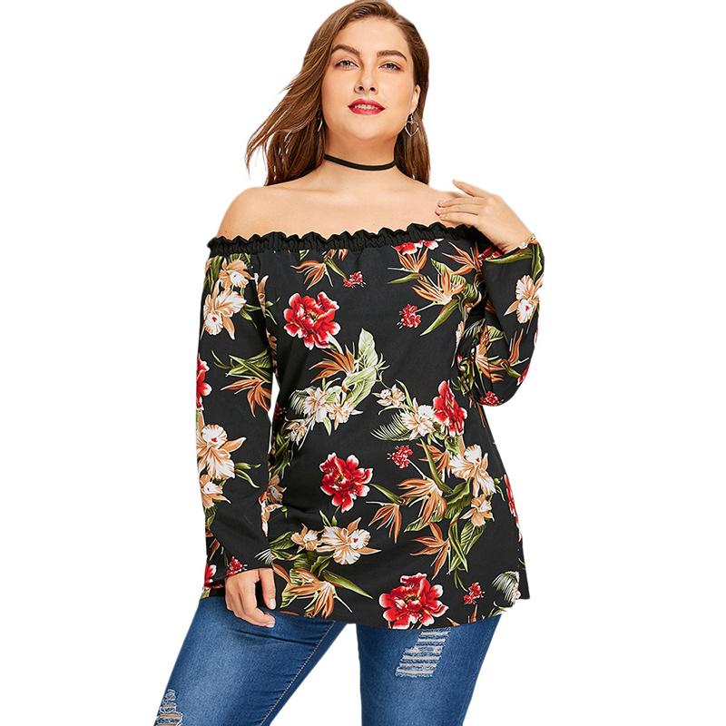Plus Size Off The Shoulder Long Sleeve Floral Print Top