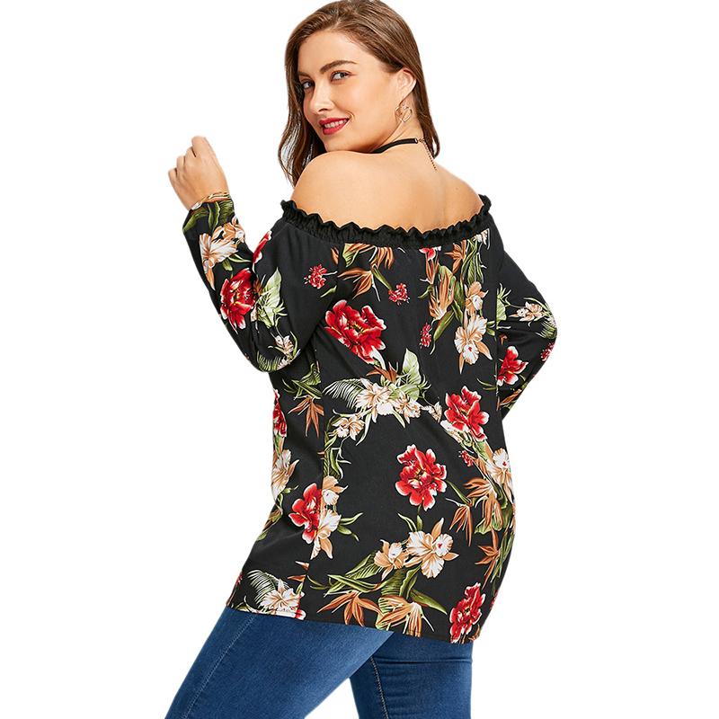 Plus Size Off The Shoulder Long Sleeve Floral Print Top