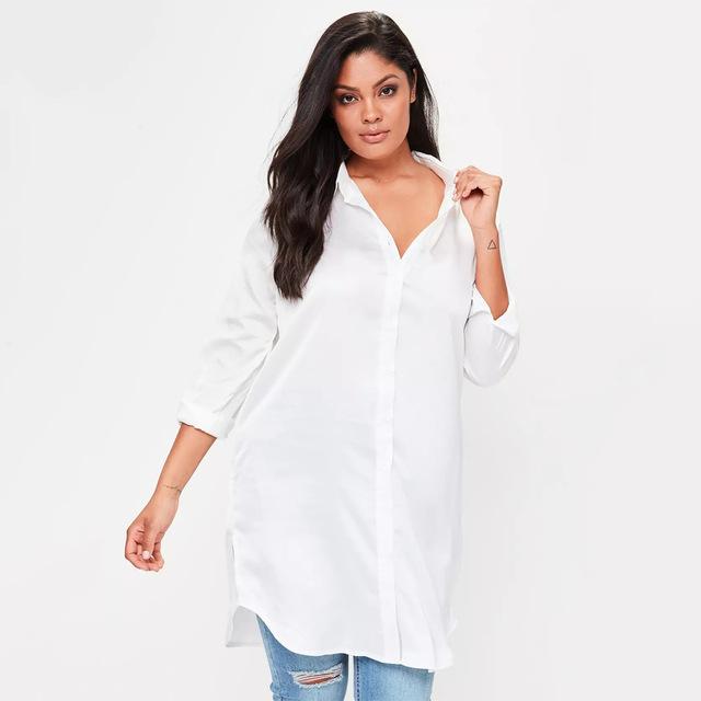 Plus Size Solid White Floral Embroidered Long Sleeve Blouse