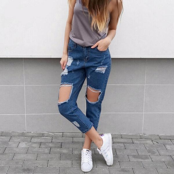 Distressed Hollow Out Denim Capri
