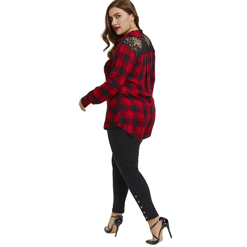Plus Size Lace Back Red Plaid Shirt