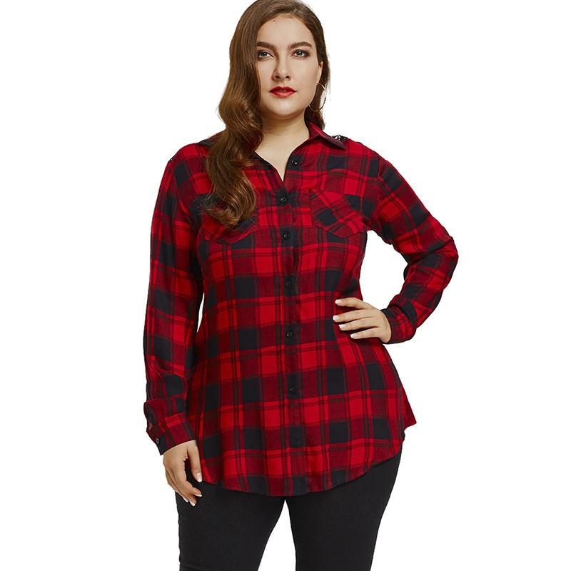 Plus Size Lace Back Red Plaid Shirt