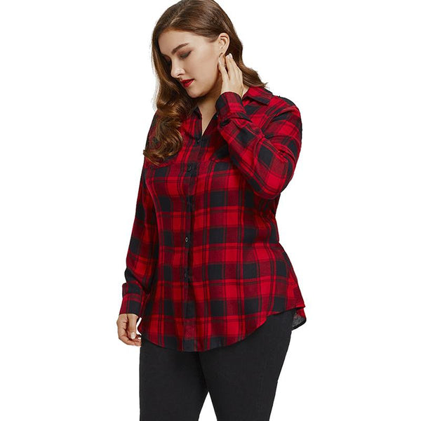 Plus Size Lace Back Red Plaid Shirt