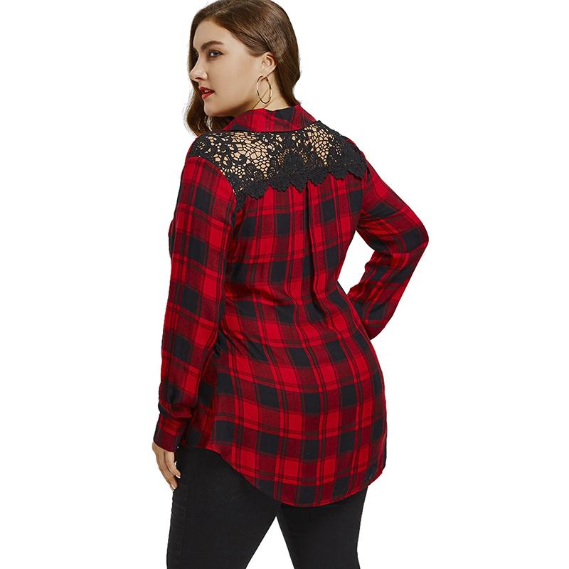 Plus Size Lace Back Red Plaid Shirt