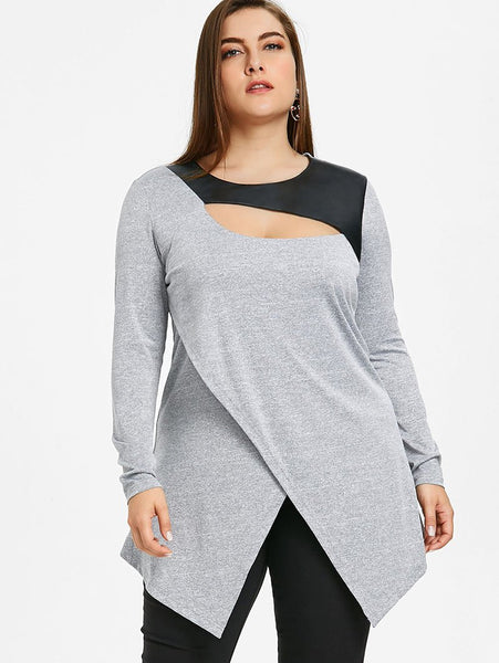 Plus Size Cut Out Overlap Long Sleeve Top