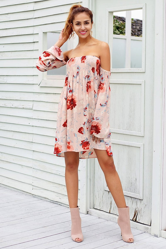 Strapless Long Sleeve Floral Printed Boho Chic Dress