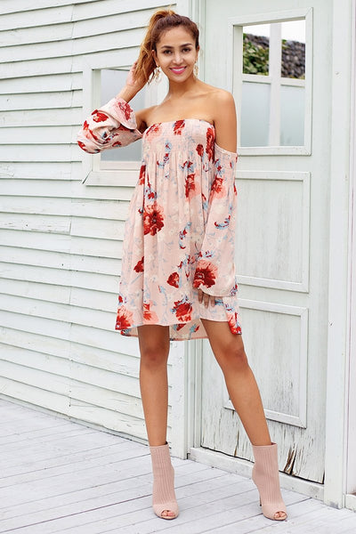 Strapless Long Sleeve Floral Printed Boho Chic Dress