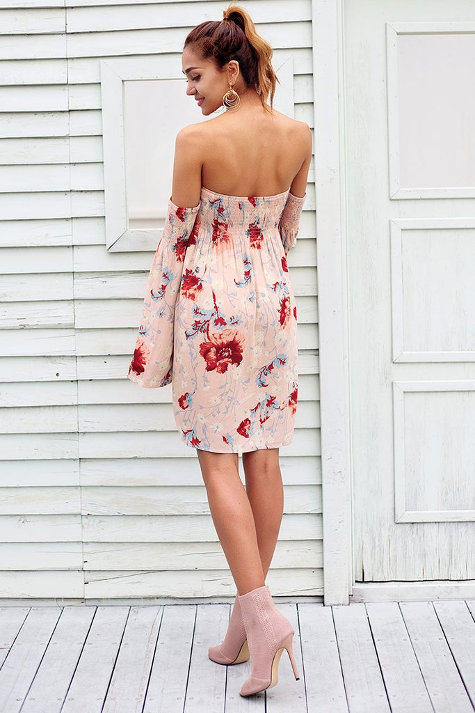 Strapless Long Sleeve Floral Printed Boho Chic Dress