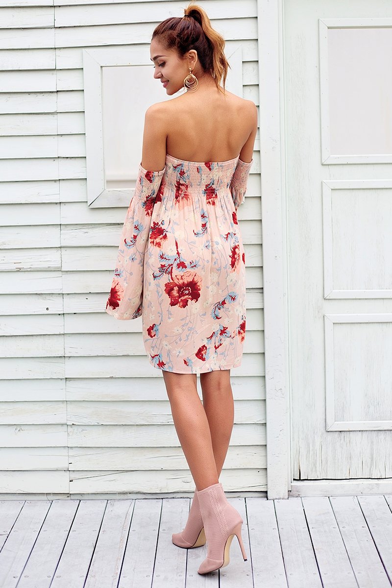 Strapless Long Sleeve Floral Printed Boho Chic Dress