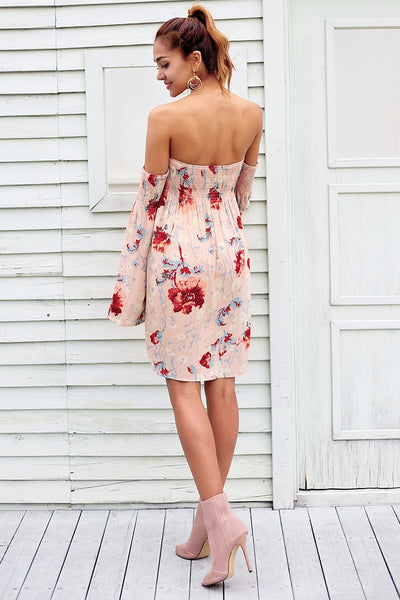 Strapless Long Sleeve Floral Printed Boho Chic Dress