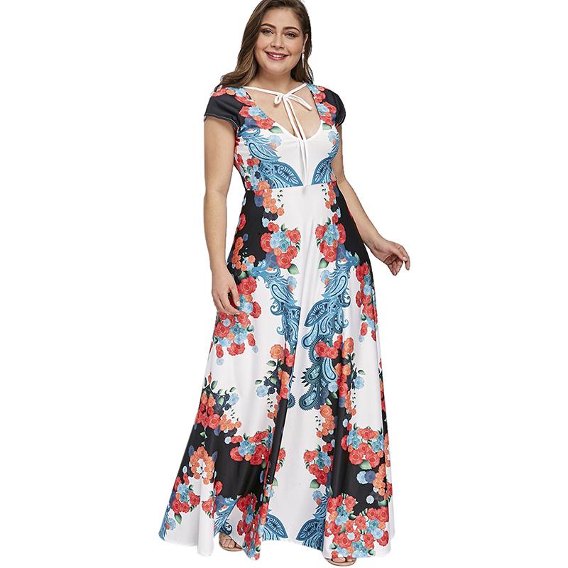Plus Size Low Cut Floral Paisley Print Maxi Dress