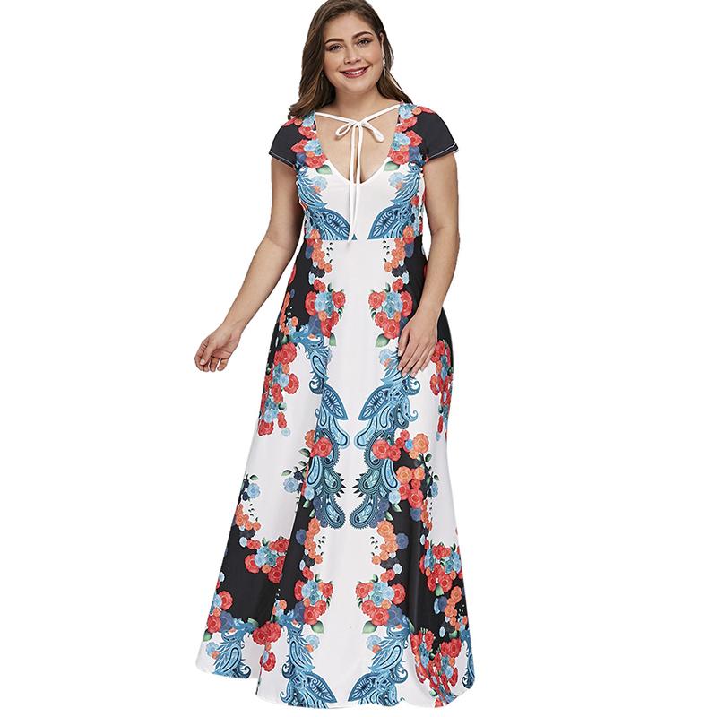 Plus Size Low Cut Floral Paisley Print Maxi Dress